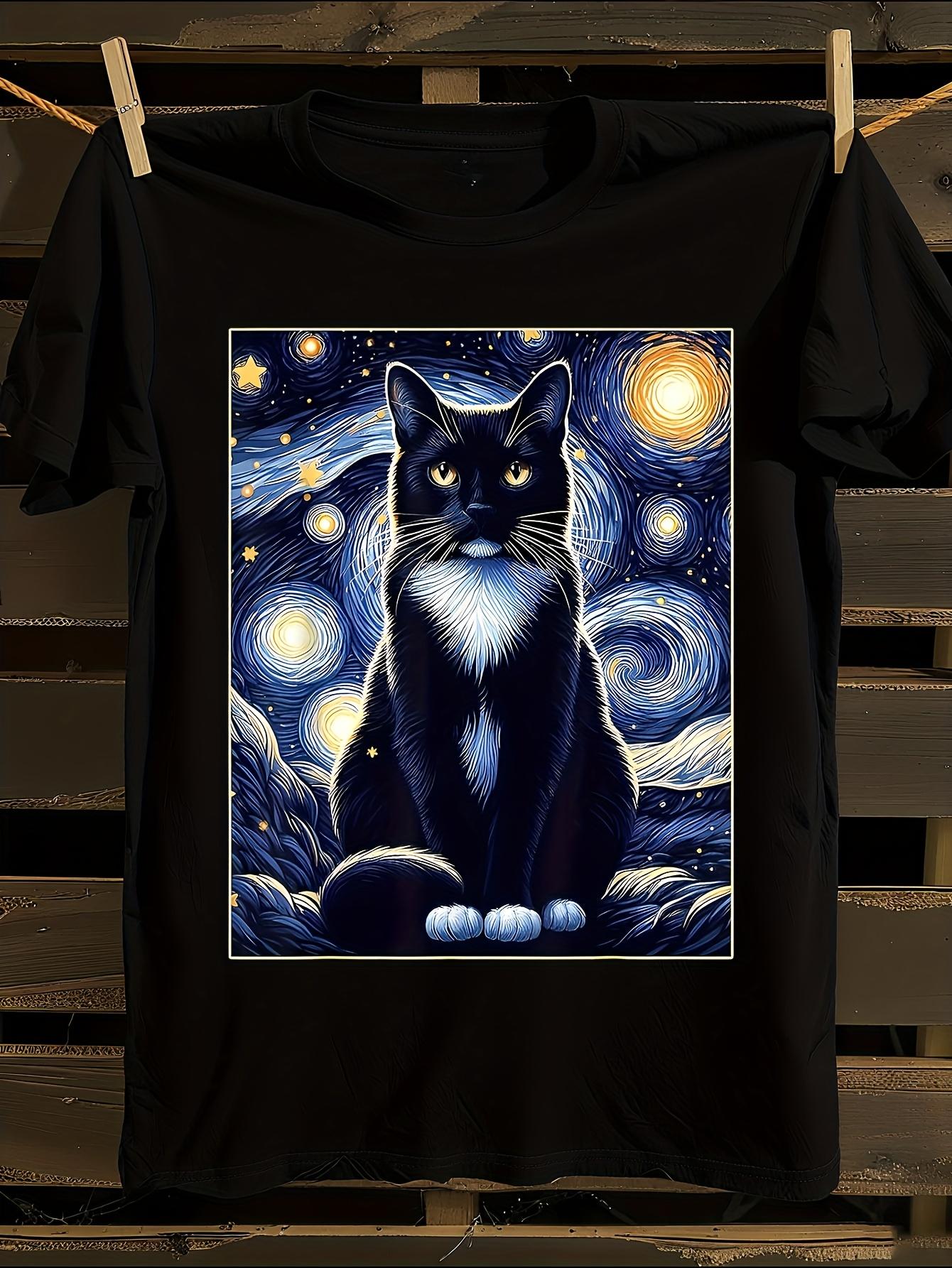 Van Gogh-Inspired Tuxedo Cat Starry Night Tshirt S