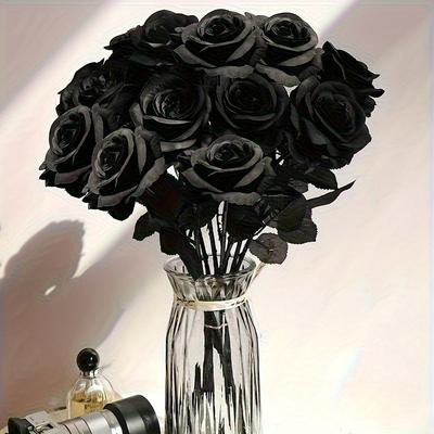 5pcs Artificial Flowers Black Roses Plastic Fake Flowers Long Stem Garden Office Home Decor Wedding Halloween Party Decoration