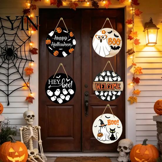 Spooky Party Decorations Halloween Hanging Door Sign, Wooden Front Hanger Wreath, Cute Holiday Decoration Ghost Welcome Sign for Porch Wall
