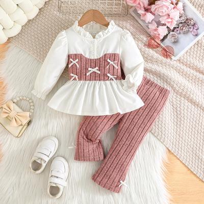 Girls Spring and Autumn Suit Pink Bow Striped Top + Knitted Pants Sweet and Cute Style