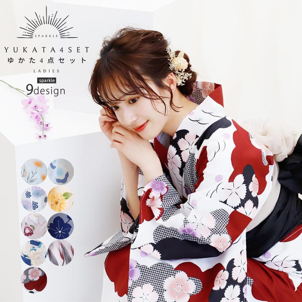Kimono Hiroba Yu Yukata 9 Patterns Women's 4-Piece Set, (spk-2)