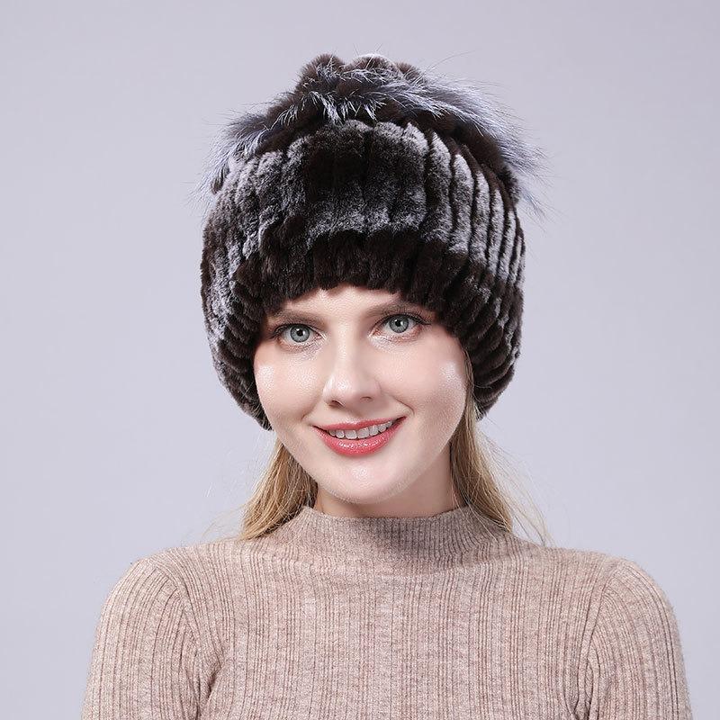 New Rex Rabbit Hair Hat Women's Winter Thickened Warm Fashion Versatile Elastic Fur Woven Hand-sewn Knitted Hat