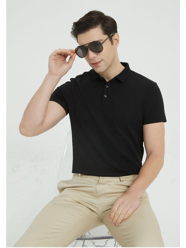 230g Double-sided Cotton Air-layer Shirt-collar Short-sleeve T-shirt Solid Color Minimalist Lightweight Breathable Business T-shirt