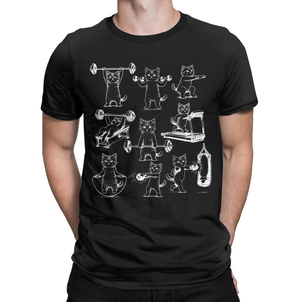 Vintage Weight Lifting Gym Cat Men T Shirts  Casual Tees Short Sleeve Crewneck TShirt 100 Cotton Printed Tops