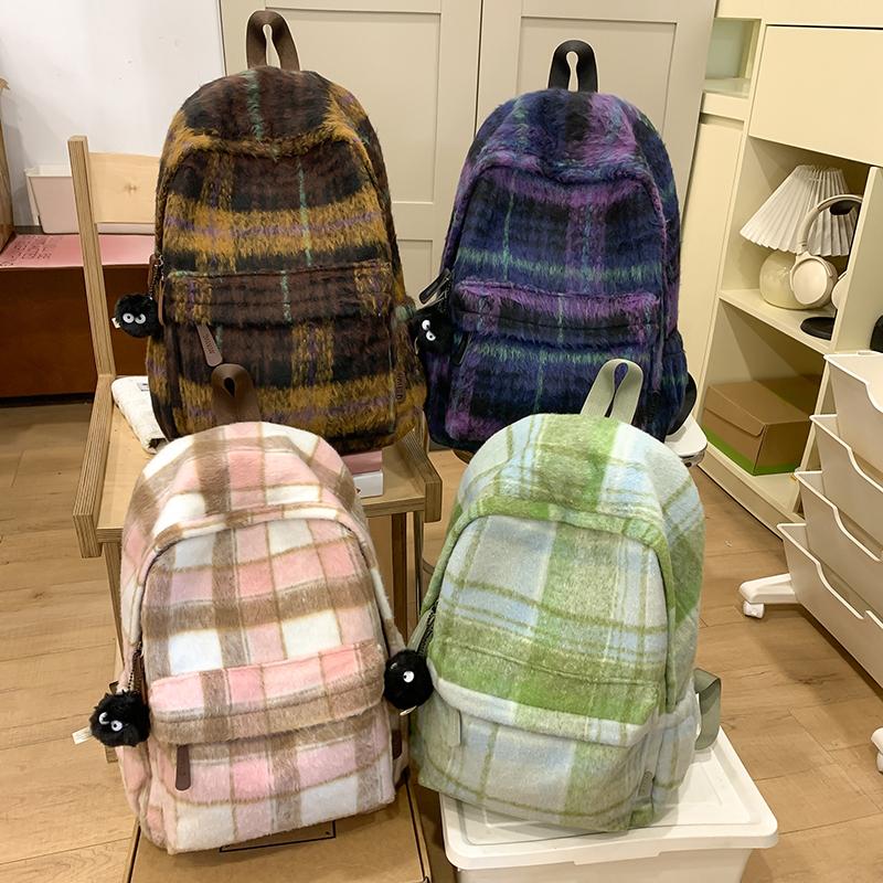 Vlněný kostkovaný studentský školní batoh s velkou kapacitou dámský batoh