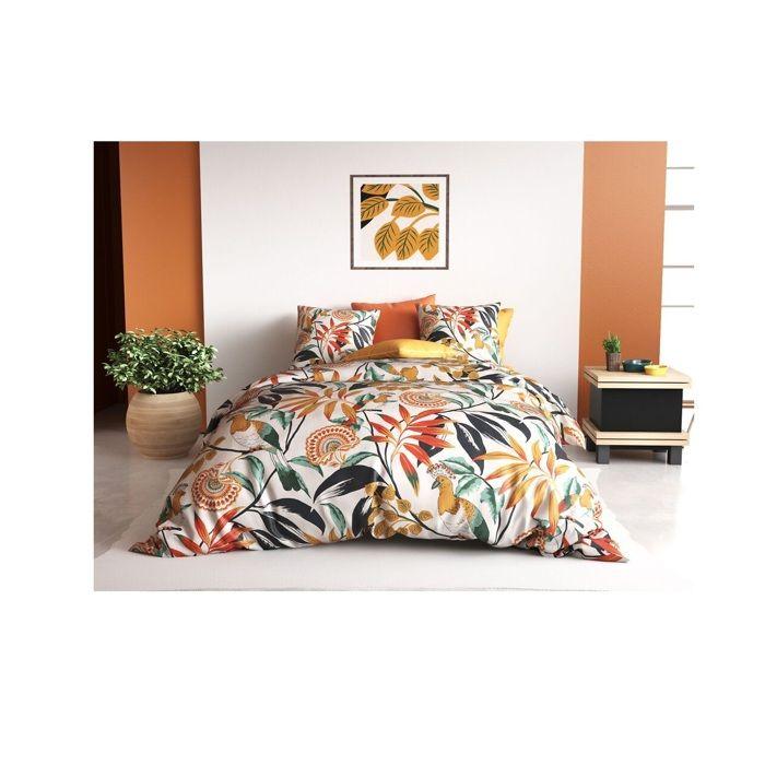Parure de lit - Housse couette 260x240 cm - 2 taies - Motif tropical - 100% coton doux