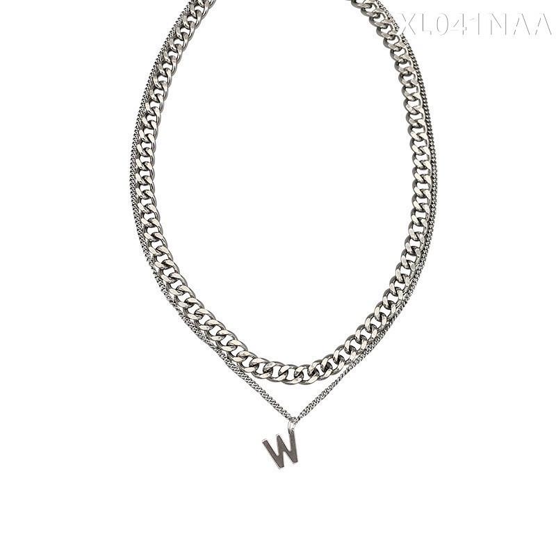 Dark Night 77 Stainless Steel Layered Clavicle Necklace - Hip Hop W-Letter Design, Versatile Titanium Steel Short Chain for Women