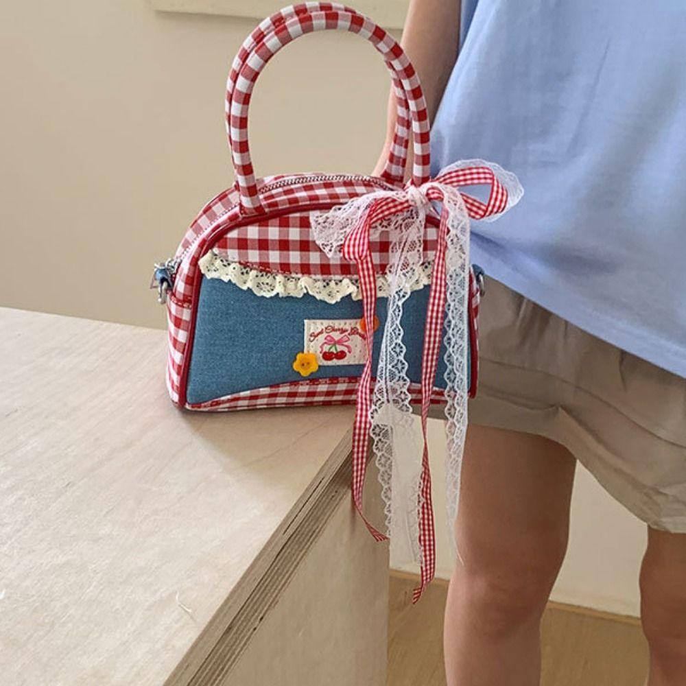 Rural Style Lattice Bowling Bag Lovely Sweet Crossbody Bag Vintage Denim Plaid Handbag  Travel