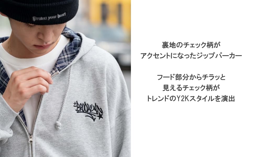 WEGO Check Zip Size Sumikuro Men's Hoodie, M,
