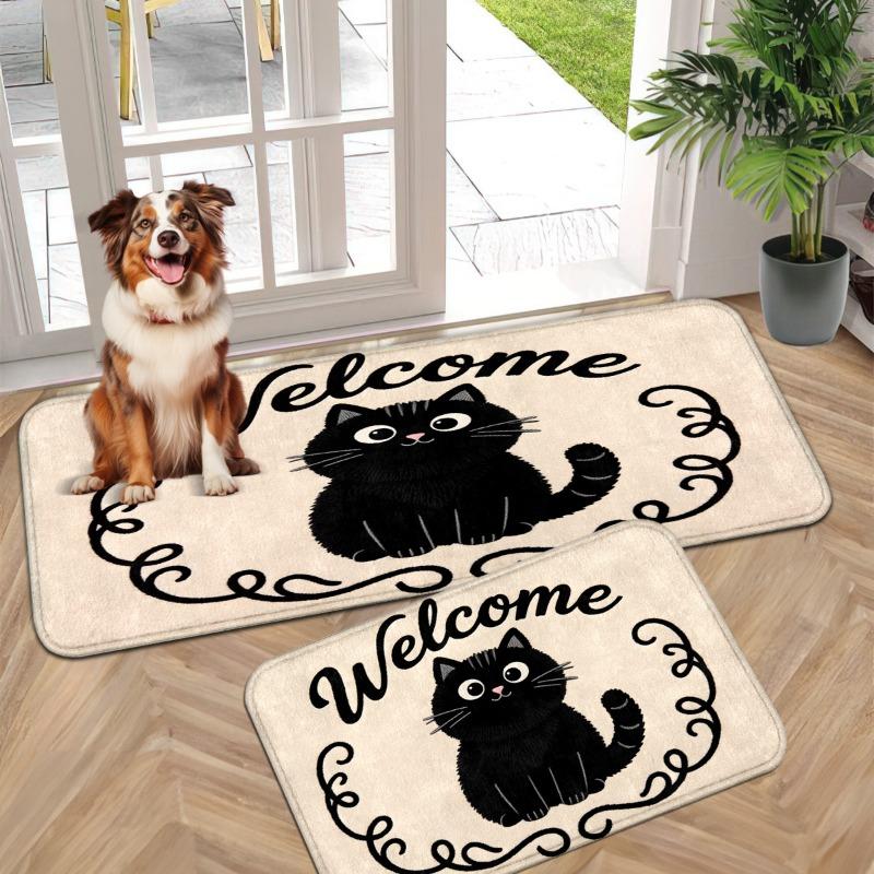 Curled Black Cat Welcome Flannel Floor Mat, Door Non-slip Foot Mat, Entrance Atmosphere Decorative Carpet