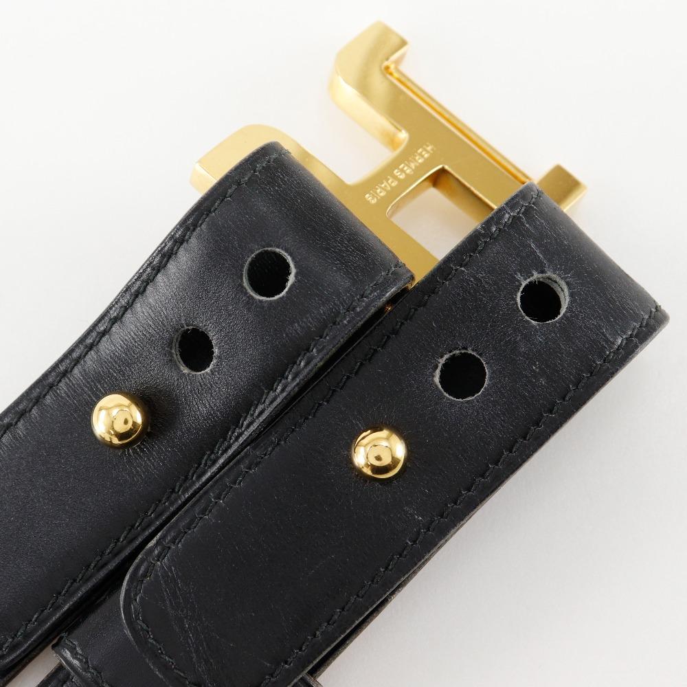 Hermes H Belt Belt Vintage Black Calfskin/Plated Gold Women Used