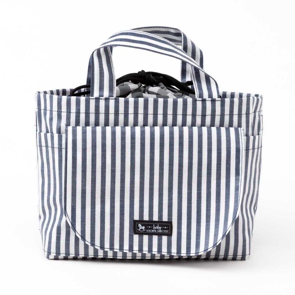 COLORFUL CANDY STYLE Diaper Pouch and Diaper Changing Pad Set (Drawstring Tote) (Basic Stripe/Navy) B8002000-BTR