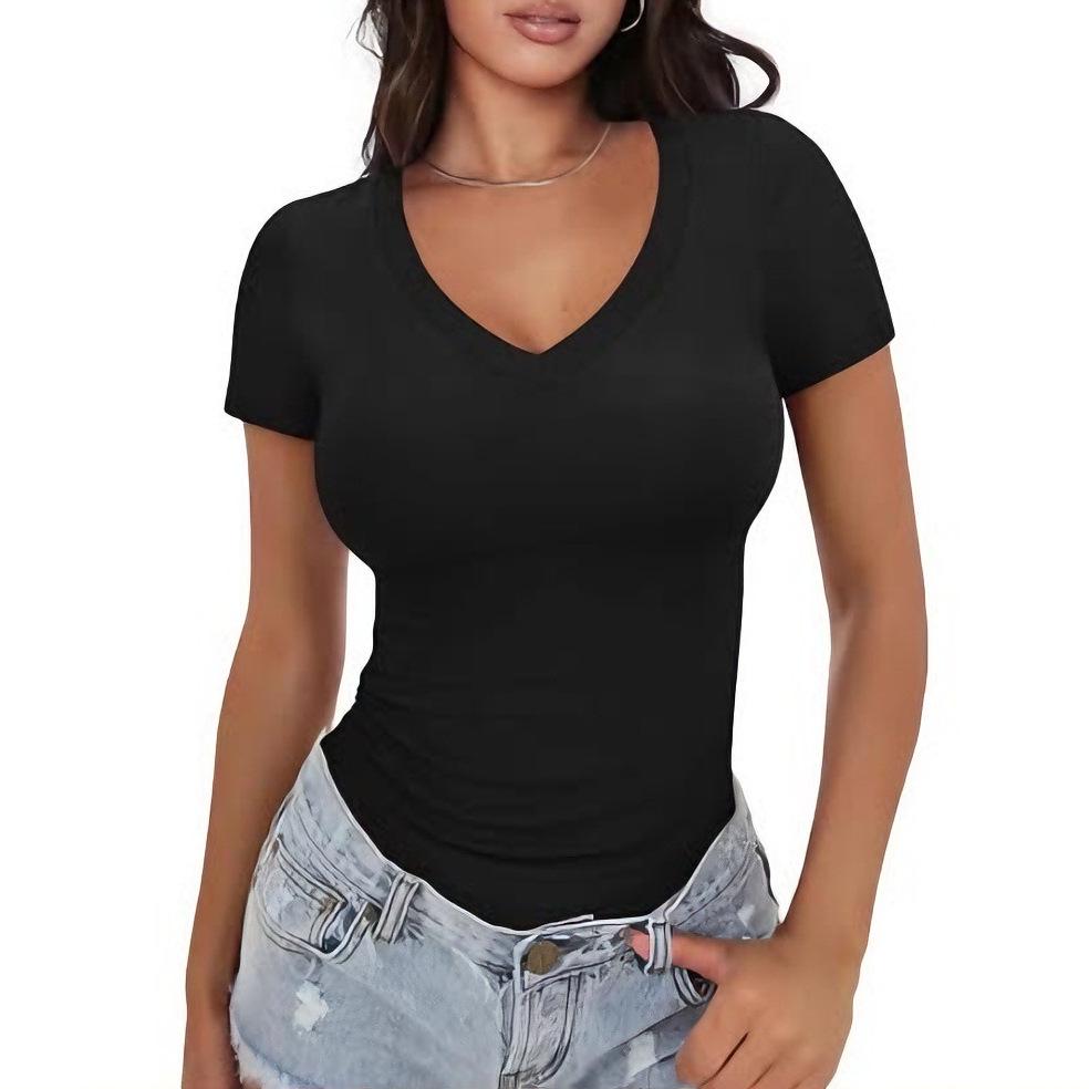 Ziyuan Y2K European & American Style Deep V-Neck Slim Fit Short Sleeve Women s Top XXL чёрный