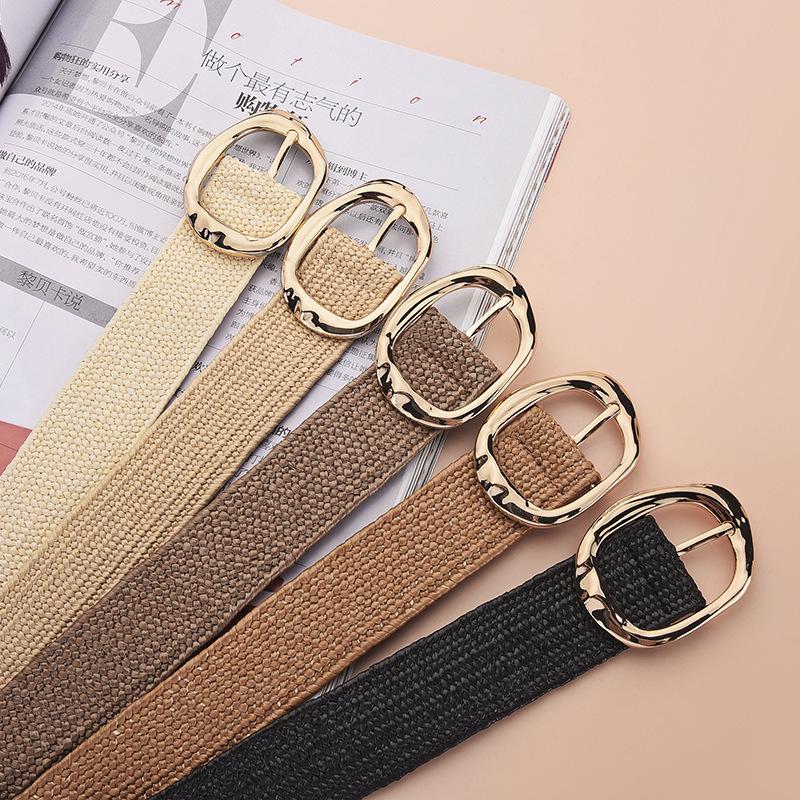 Women's Elastic Woven Straw Belt with Egg Shape Alloy Buckle - Retro Casual Design