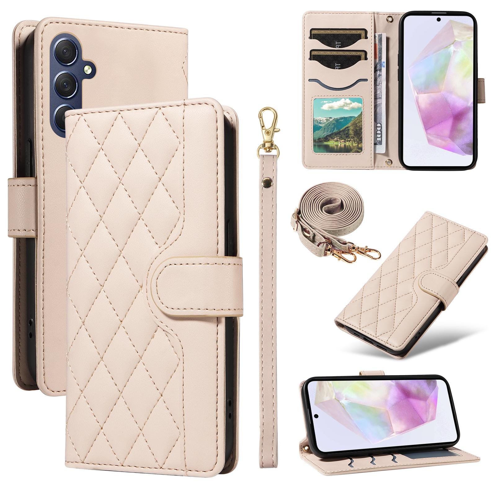 

For Samsung Galaxy A35 5G Case Wallet Rhombus Leather Phone Cover with Shoulder Strap,Wrist Strap Apricot
