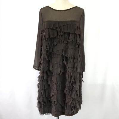 Made In Japan GK Italiya Sheer Sleeve Tiered Fringe Dress 11 Women M-L Knee Length Brown cBH627(USED)