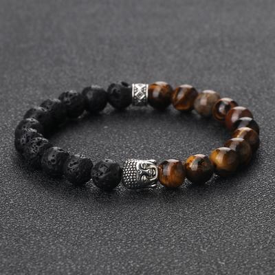 Tybetańskie Bransoletki z Głowami Buddy 8MM Kamień Naturalny Tygrysie Oko Koraliki Lawowe Bransoletki dla Kobiet Mężczyzn Modne Para Modlitewny Buddyjski Prezent