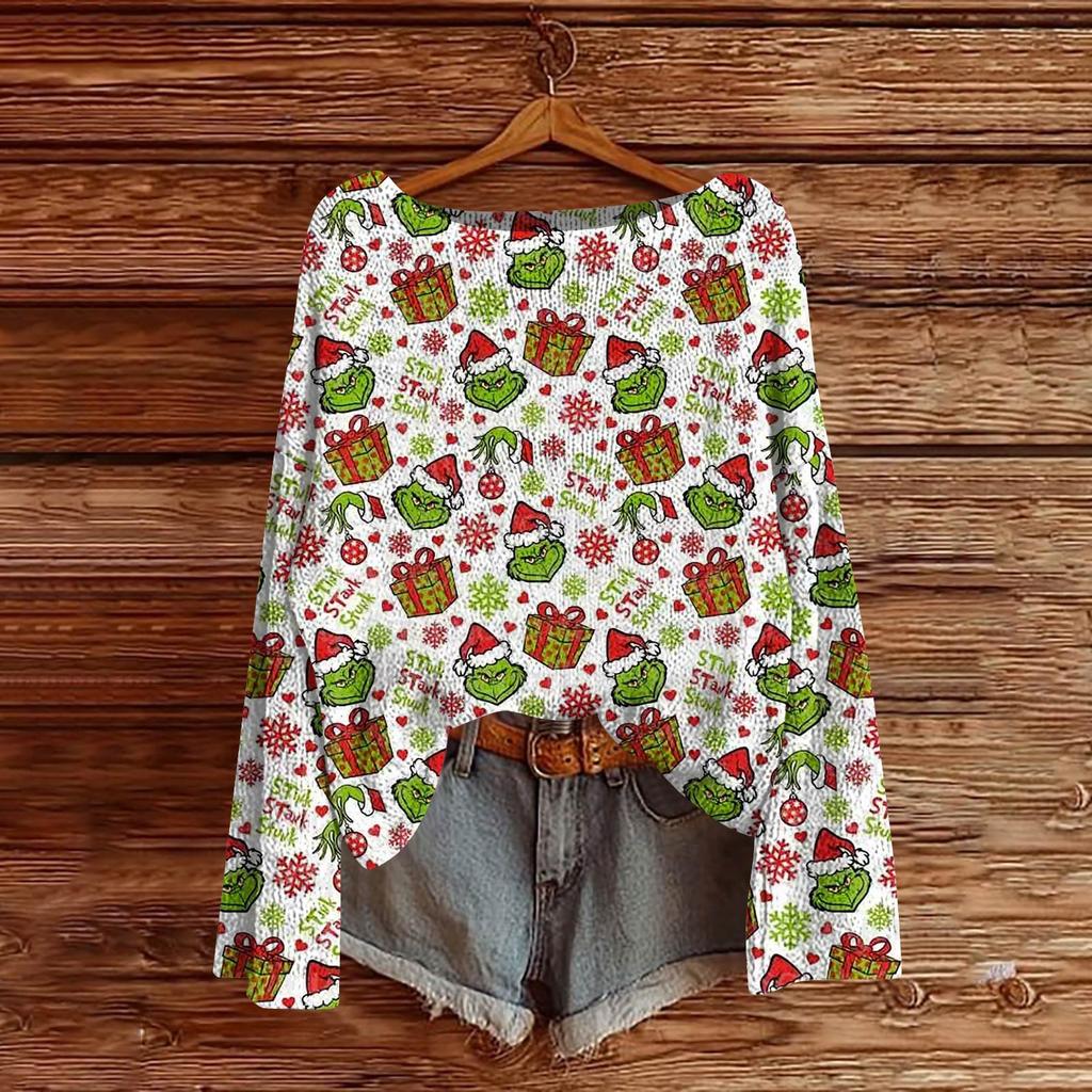 Women's Fashion Christmas Print Lightweight Sweater Casual Long-Sleeve Knit Pullover Top