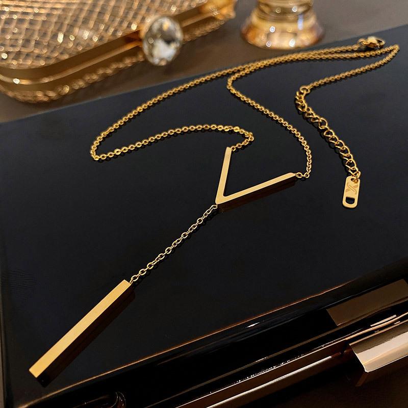 Stainless steel V-shaped long sexy Clavicle Necklace Ladies and girls stainless steel Gold colour chain Necklace  Party jewelry