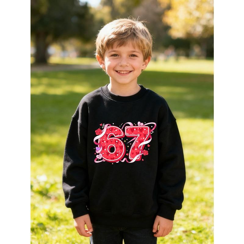 Sweatshirt with Number 67 Pink Polka Dot Design Gift for Boys And Girls Black White Pink Options Casual Fashion