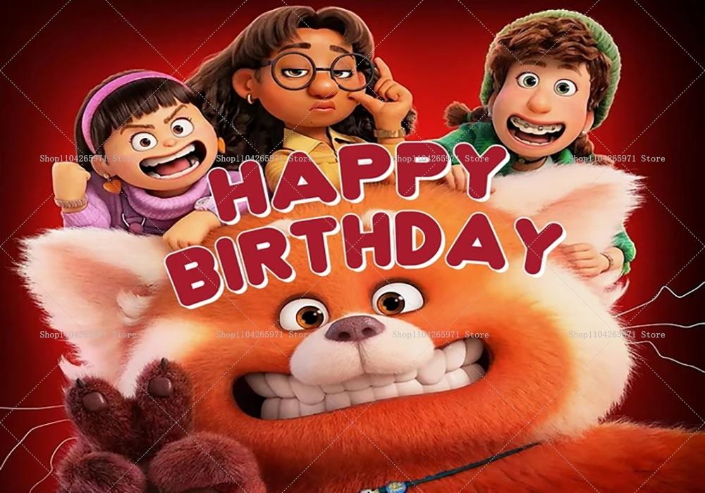 Cartoon Turning Red Happy Birthday Backdrop Banner Cute Red Panda Theme Kids Girls Birthday Party Decor Photo Background Supplie