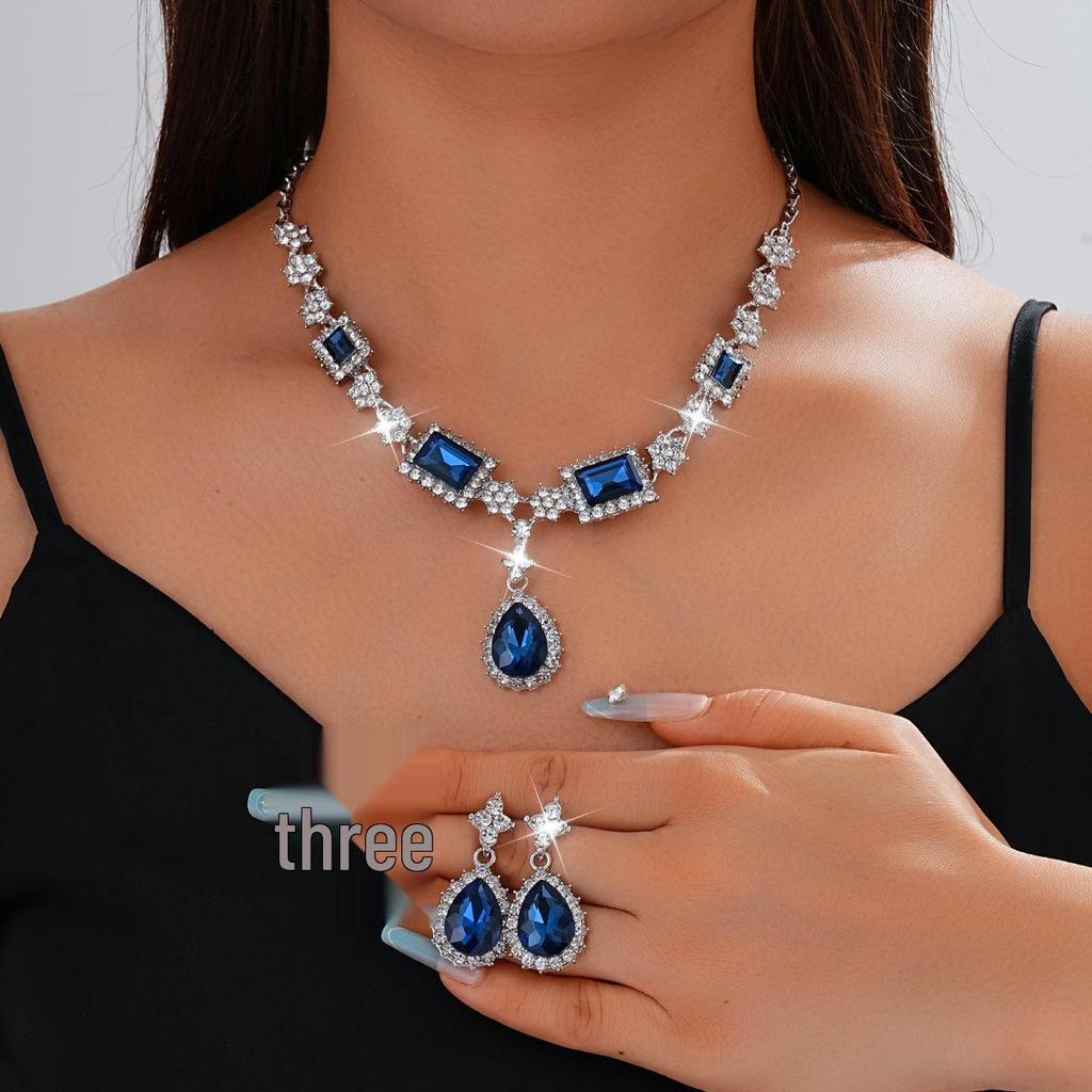 Elegant Retro Necklace & Earring Set: Blue Water Drop Zircon Clavicle Chain for Women