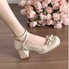 French Satin Bow Chunky Heel Mary Jane Shoes for Women Elegant Ankle Strap Square Toe High Heeled Pumps Ladies Lolita Shoes