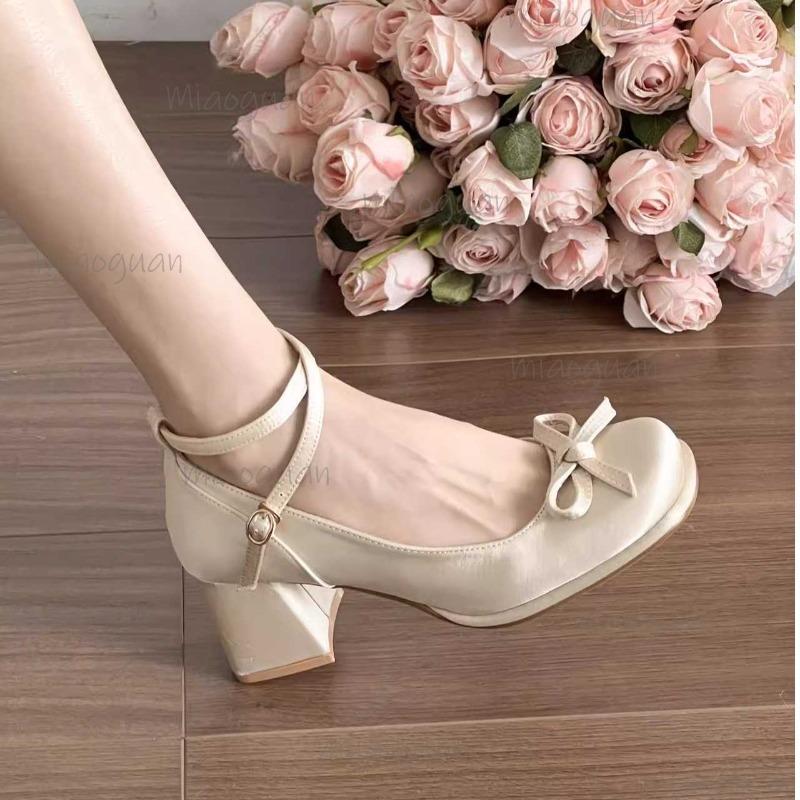 French Satin Bow Chunky Heel Mary Jane Shoes for Women Elegant Ankle Strap Square Toe High Heeled Pumps Ladies Lolita Shoes