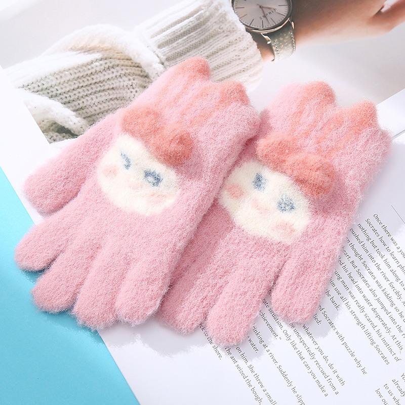 Cute Children's Wool Knitted Warm Gloves Winter Cold Protection Thickened Five Fingers Go To School Writing Play Snow Cycling