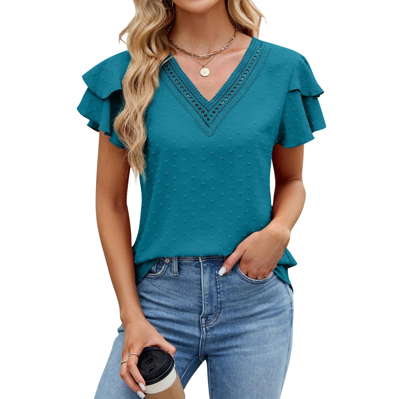 

Женская модная футболка с V-образным вырезом и оборками на рукавах, однотонный элегантный топ XXL