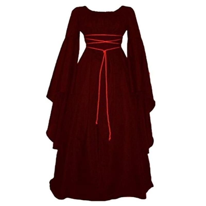 Neues Langarm Rundhals Gürtel Unregelmäßiges Damenkleid Halloween Vintage Kostüm