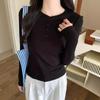 Front shoulder single-breasted long-sleeved T-shirt women's spring new simple and versatile top white bottoming shirt