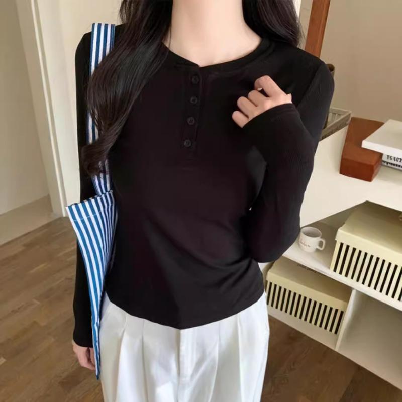 Front shoulder single-breasted long-sleeved T-shirt women's spring new simple and versatile top white bottoming shirt