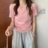 GMXIA Pure Style Design Sense V-neck Drawstring Slim-fit Pure Short Sleeve T-shirt Women's Summer Solid Color Top Trend