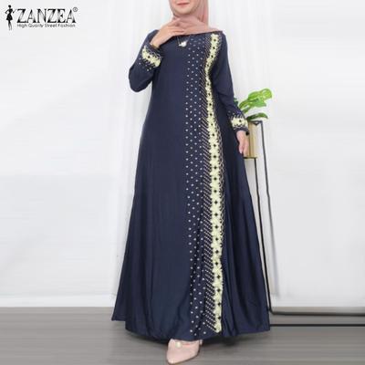 Womens Casual Long Sleeve O-neck Retro Print Long Dress