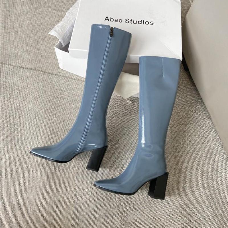 

модные зимние короткие плюшевые женские сапоги до колена элегантные туфли на толстом каблуке женские лаконичные квадратные носки длинные Botas De Mujer 40 синий