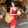 Petite French Red Floral Lace-up A-line Sling Dress