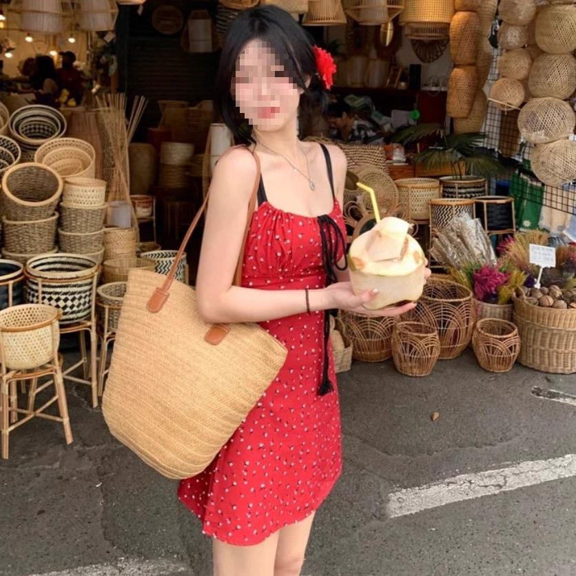 Petite French Red Floral Lace-up A-line Sling Dress