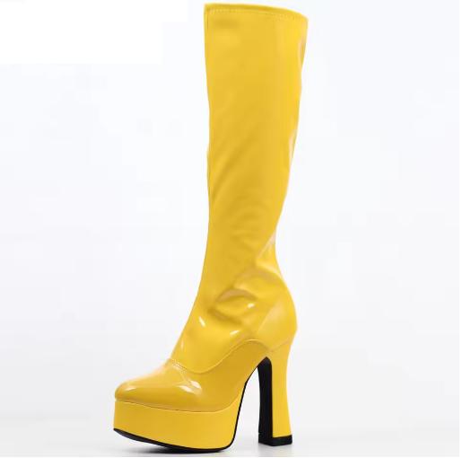 Fashion FHC Women Retro GoGo Knee High Boots,Unisex Stage Cosplay Shoes,Man Fetish Botas,12cm Chunky Heel,Side Zip,Black,Red,Pink,White