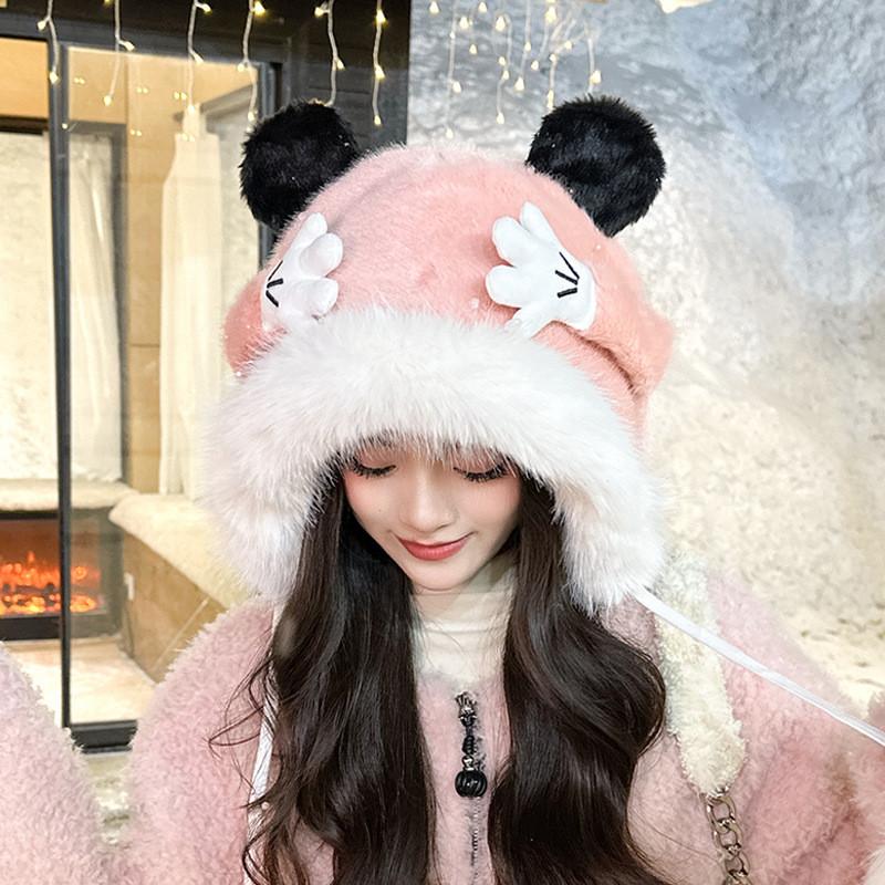 Winter Girls Cute Plush Bear Hat With Earmuff For Outdoor Warmth Protection розовый