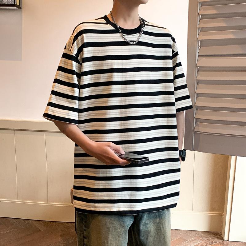

Летняя хлопковая полосатая мужская футболка с короткими рукавами и круглым вырезом, повседневная студенческая корейская версия тренда соответствия