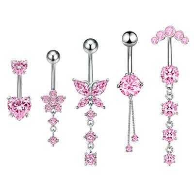 5Pcs/Set Heart Butterfly Chain Navel Ring Dangle Surgical Steel Piercing Jewelry Body CZ 14G Belly Ring for Women