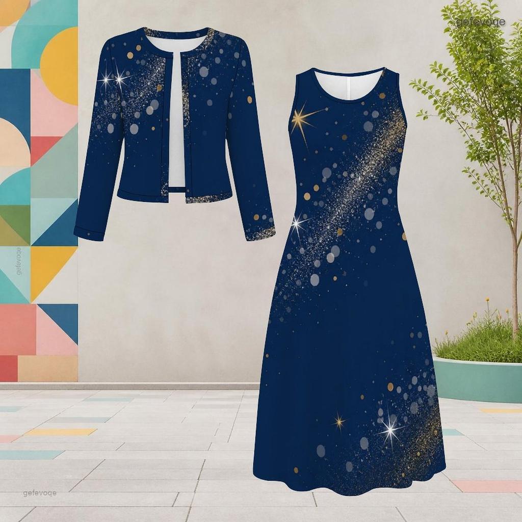 Women Plus Size Dark Blue Printed Round Neck Long Sleeve Cropped Cardigan Sleeveless Dress Two Piece Set