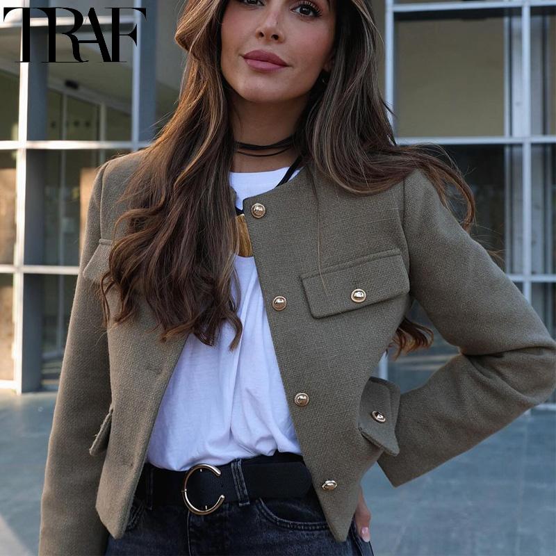 Fashion Women Cropped Jackets Autumn Winter Long Sleeve Blazer Jacket Textured Button Up Chic and Elegant Woman Jacket