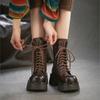 Johnature Hollow-out Boots Genuine Leather Patchwork Mesh Retro Thick Heel Women's Platform Shoes