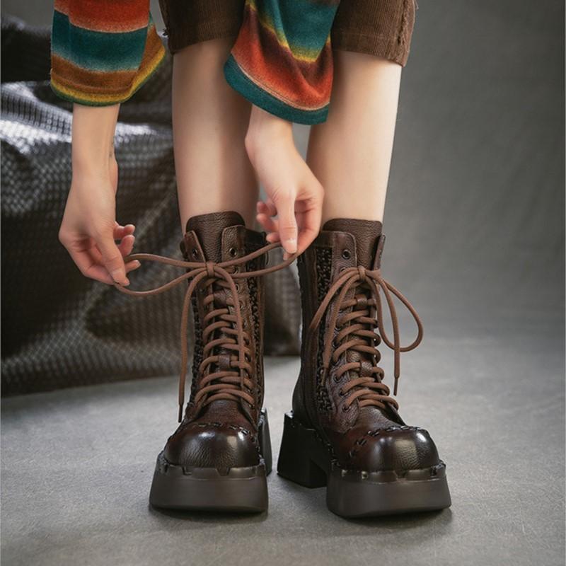 Johnature Hollow-out Boots Genuine Leather Patchwork Mesh Retro Thick Heel Women's Platform Shoes