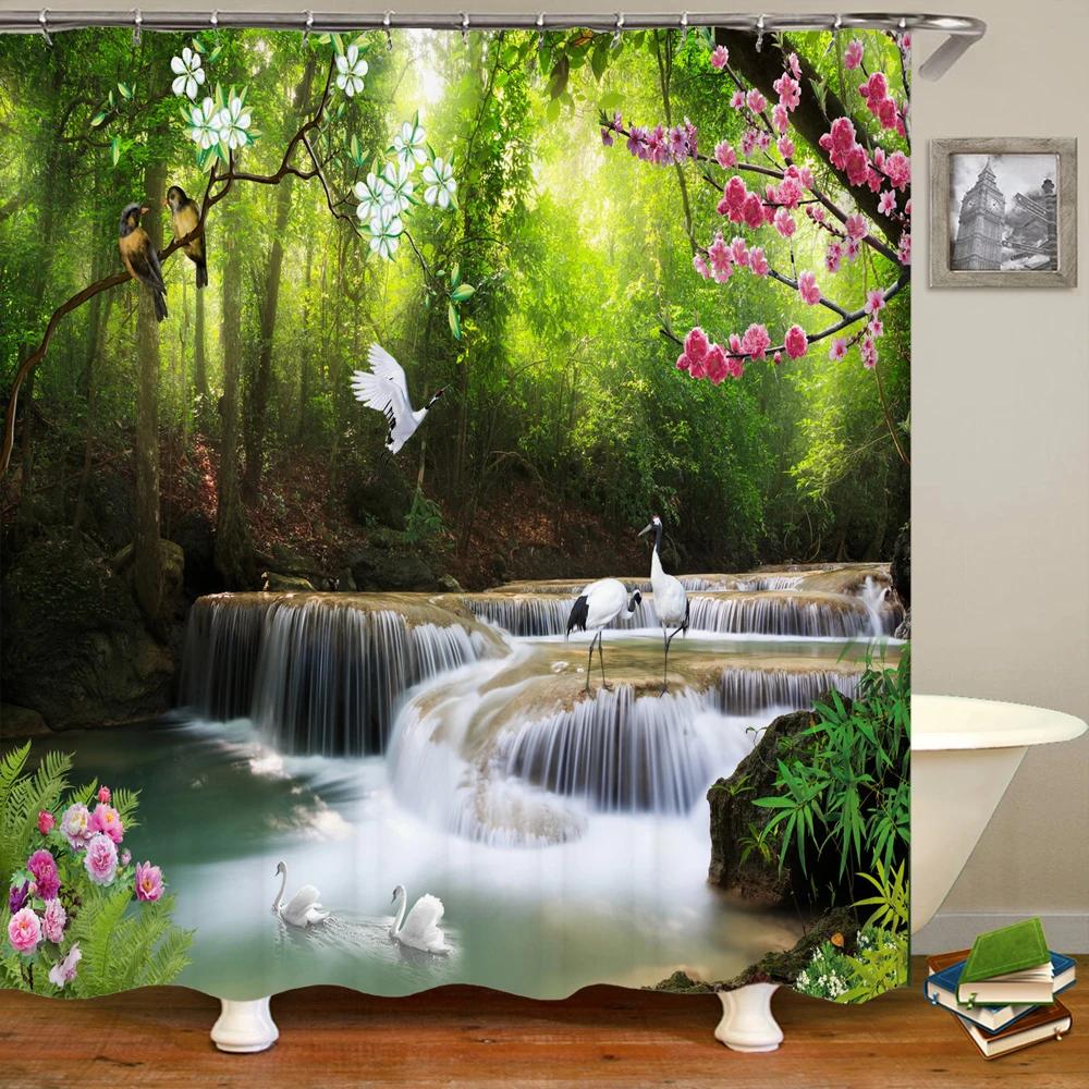 Green Scenery Shower Curtain with Hooks, Waterproof Bathroom Partition, Weighted Bottom Reinforced Eyelets & Easy To Clean