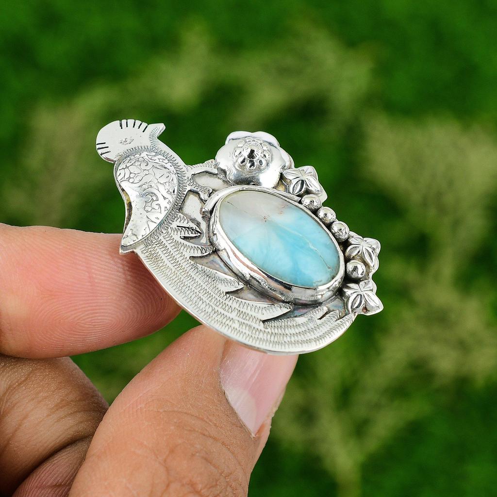 Natural Larimar Gemstone 925 Silver Promise Bird Adjustable Ring For Girls