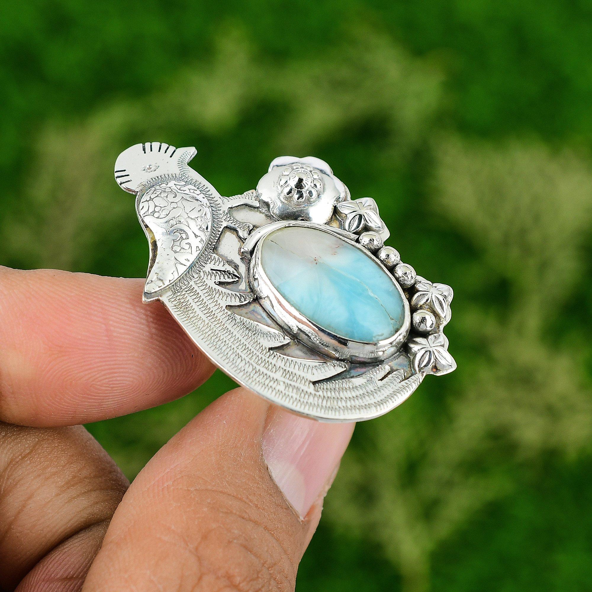 

Natural Larimar Gemstone 925 Silver Promise Bird Adjustable Ring For Girls Adjustable
