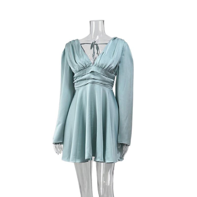 European and American High-quality Satin Party French Horn Sleeve Solid Color Long Sleeve Women's High-end Evening Dress Dress